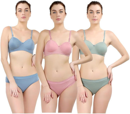 Pack of 3 Bra & Panty Set Solid Multicolor Lingerie Set