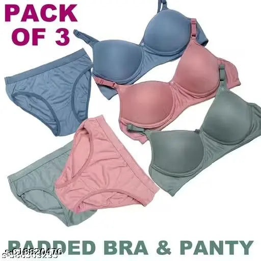 Pack of 3 Bra & Panty Set Solid Multicolor Lingerie Set